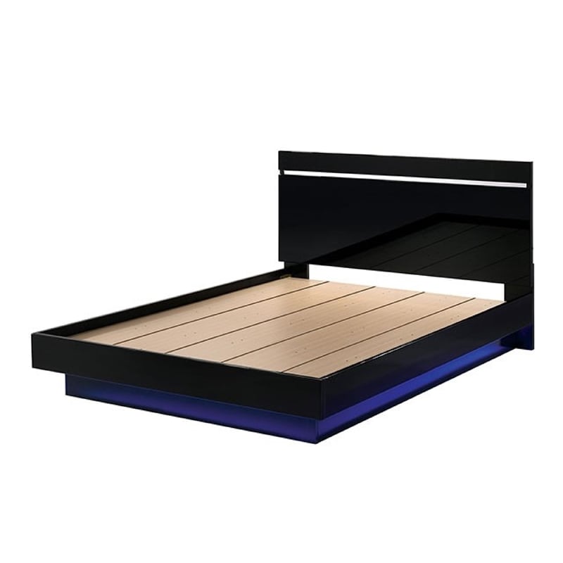 Pemberly Row Queen Size Bed with Chrome Headboard and LED Footboard in Black