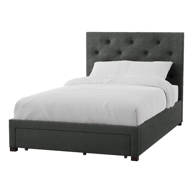 Pemberly Row Twin Size Bed with Tufted Headboard and Storage in Dark Gray