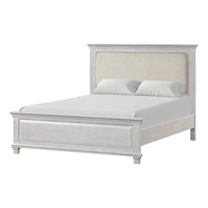Pemberly Row Queen Bed with Cream Upholstered Headboard in Weathered Gray