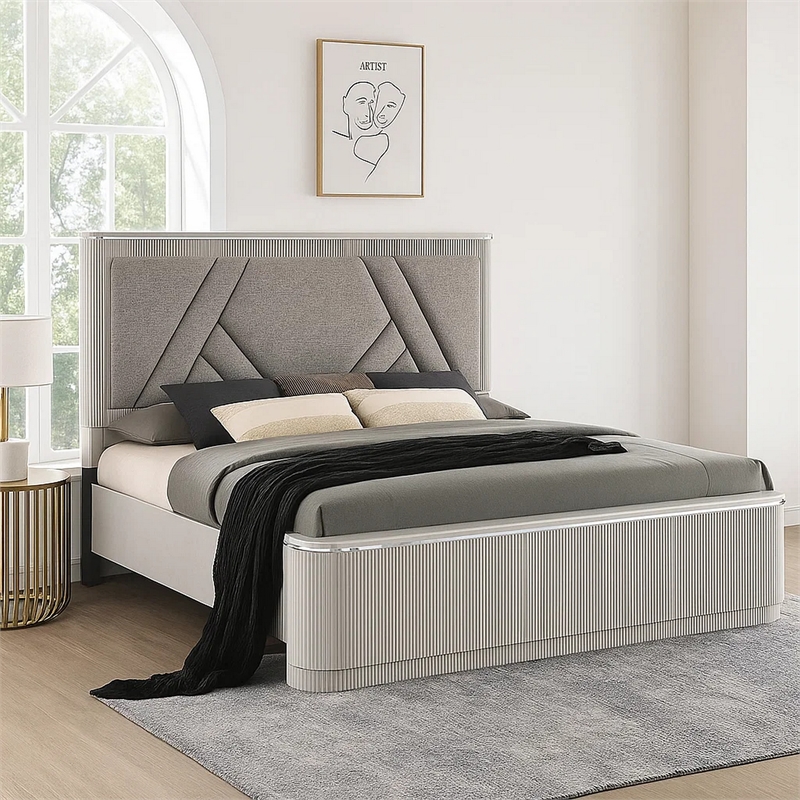 Pemberly Row Queen Bed with Geometric Upholstered Headboard in Light Gray