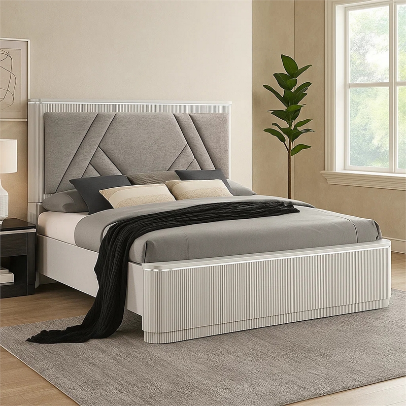 Pemberly Row Queen Bed with Geometric Upholstered Headboard in Light Gray
