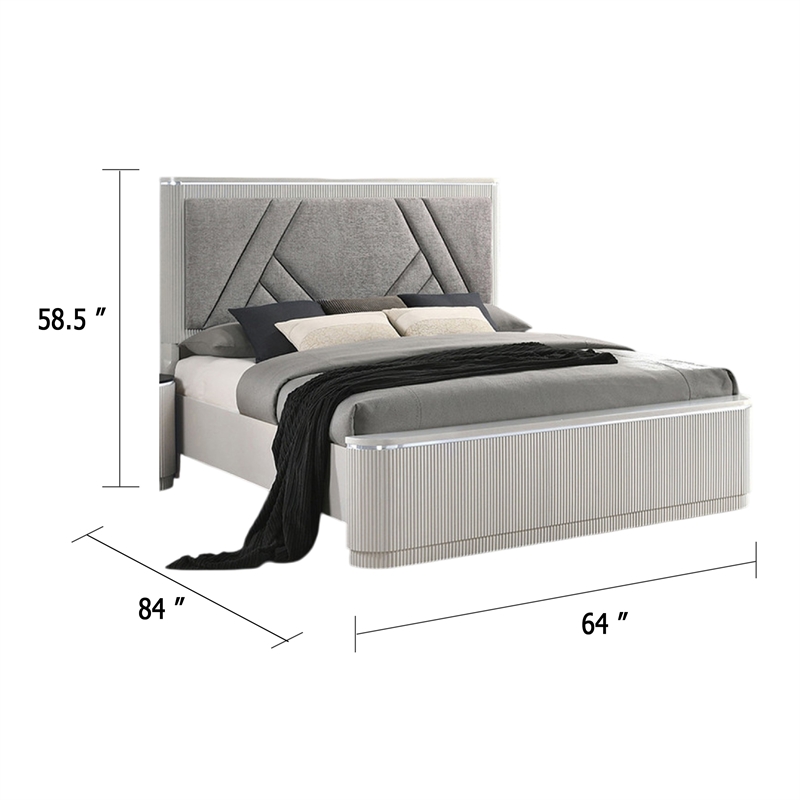 Pemberly Row Queen Bed in Gray Chevron Satin with LED Headboard
