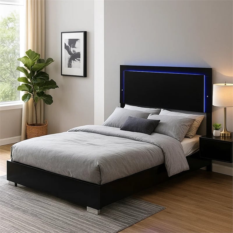 Pemberly Row King Size Bed with LED Headboard in Piano Black