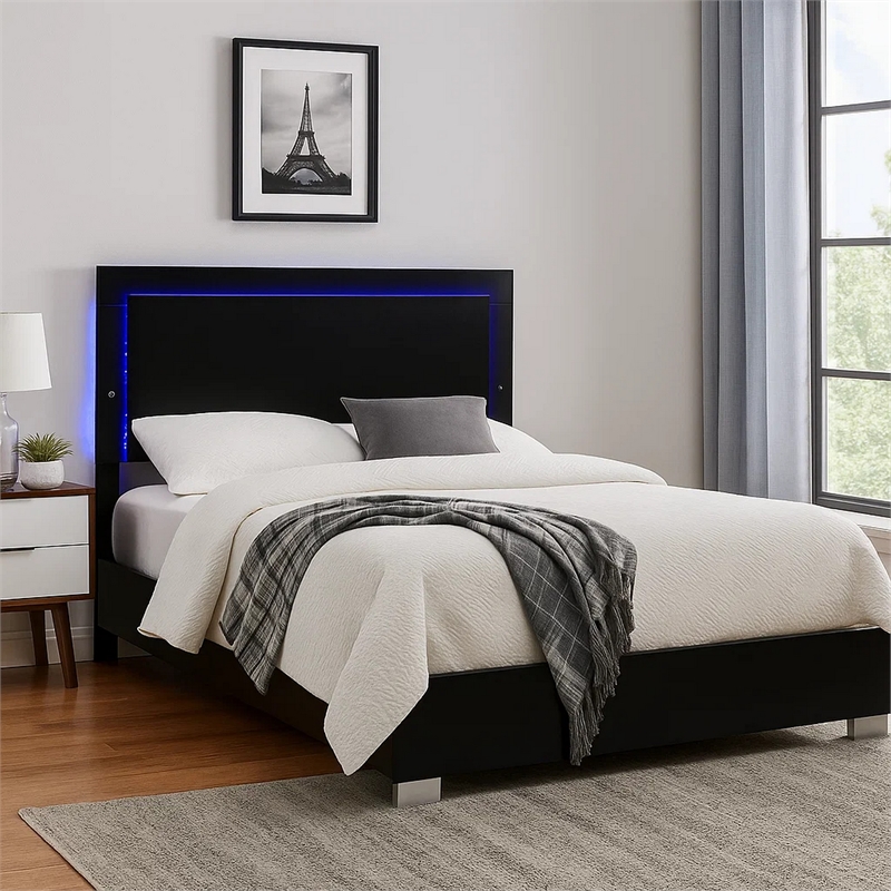 Pemberly Row King Size Bed with LED Headboard in Piano Black