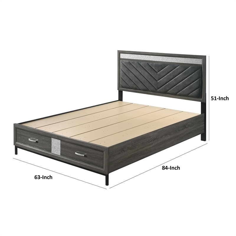 Pemberly Row Queen Size Bed with Padded Headboard and Drawers in Gray