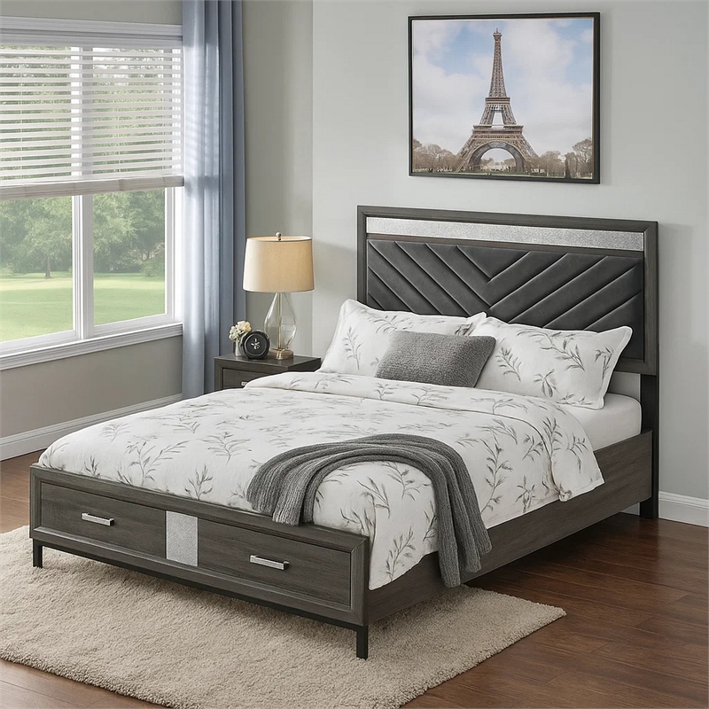 Pemberly Row Queen Size Bed with Padded Headboard and Drawers in Gray