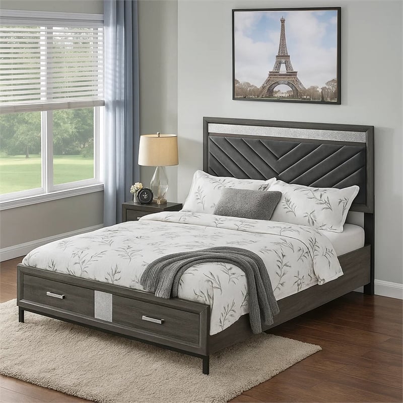Pemberly Row Queen Size Bed with Padded Headboard and Drawers in Gray