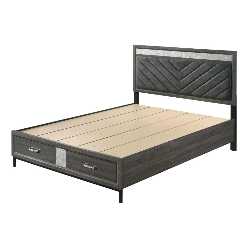 Pemberly Row Queen Size Bed with Padded Headboard and Drawers in Gray
