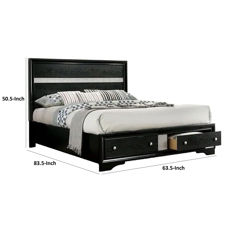 Pemberly Row Contemporary Queen Size Bed with Footboard Drawers in Black
