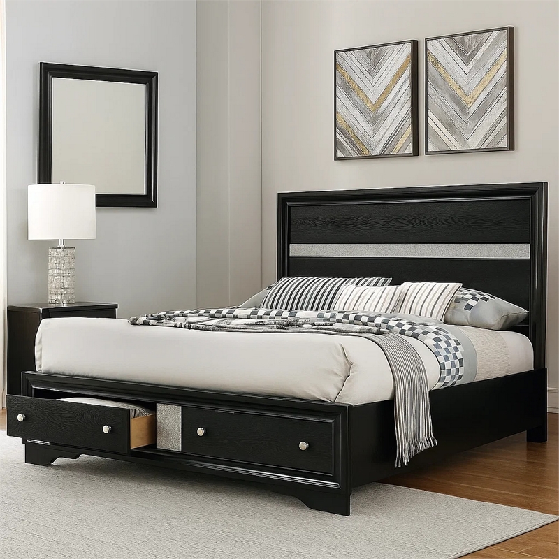 Pemberly Row Contemporary Queen Size Bed with Footboard Drawers in Black