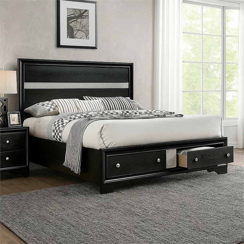 Pemberly Row Contemporary Queen Size Bed with Footboard Drawers in Black