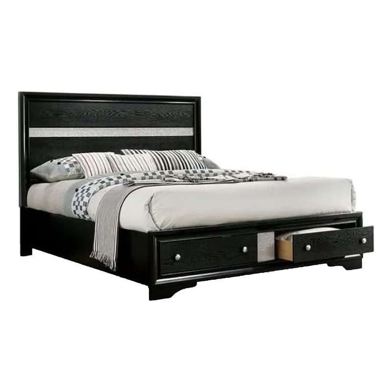 Pemberly Row Contemporary Queen Size Bed with Footboard Drawers in Black