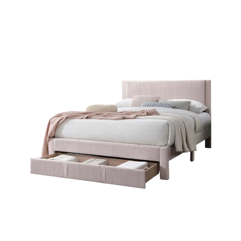 Pemberly Row Full Platform Bed with Drawer in Light Pink Corduroy