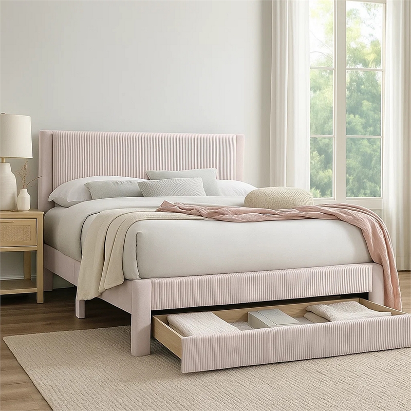 Pemberly Row Full Platform Bed with Drawer in Light Pink Corduroy