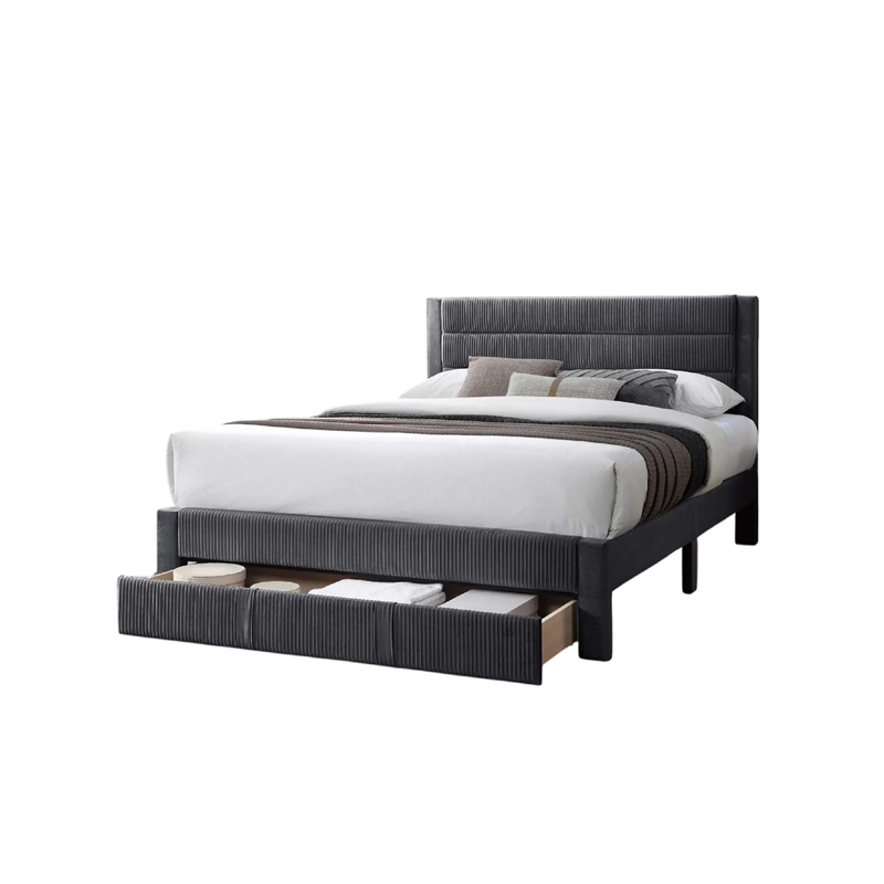 Pemberly Row Full Platform Bed with Drawer in Charcoal Gray Corduroy