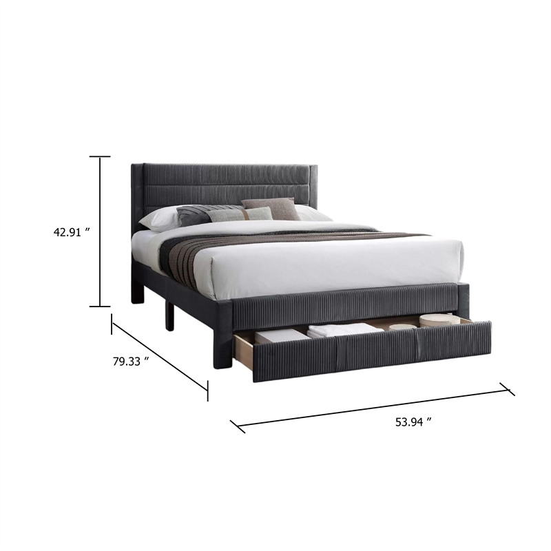 Pemberly Row Full Platform Bed with Drawer in Charcoal Gray Corduroy