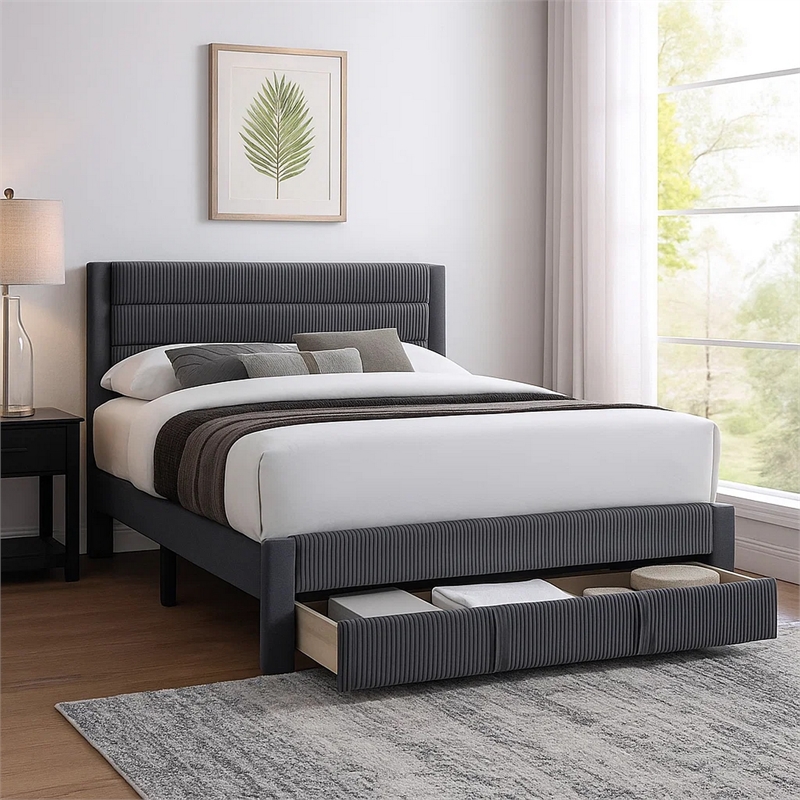 Pemberly Row Full Platform Bed with Drawer in Charcoal Gray Corduroy