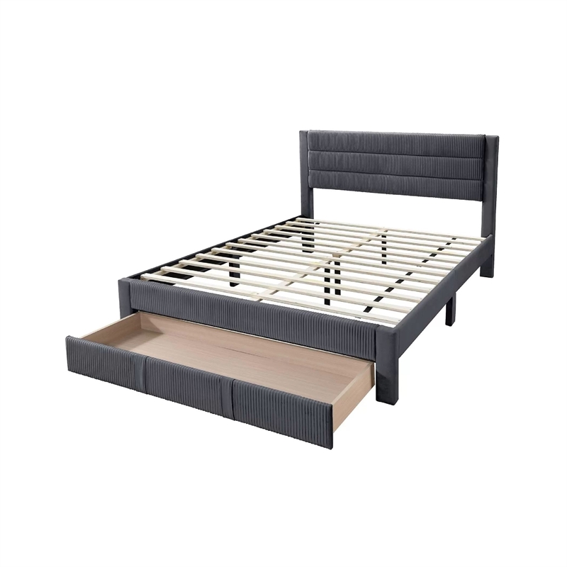 Pemberly Row Full Platform Bed with Drawer in Charcoal Gray Corduroy