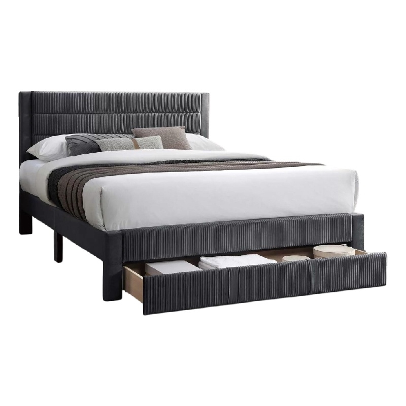 Pemberly Row Full Platform Bed with Drawer in Charcoal Gray Corduroy