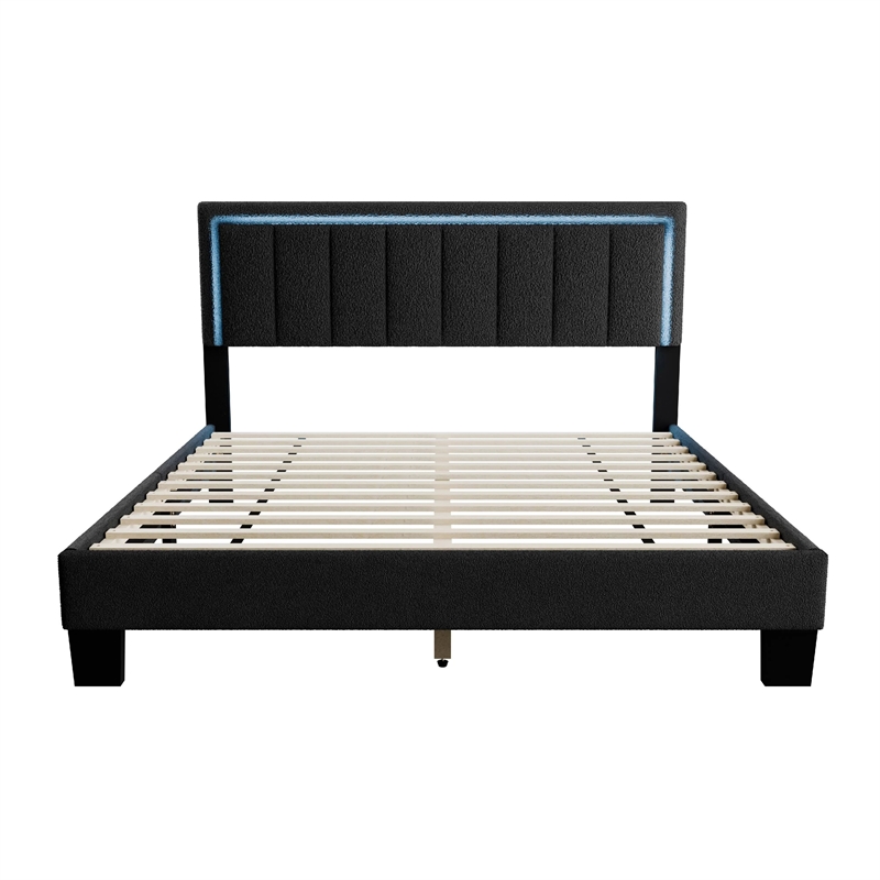 Pemberly Row Full Platform Bed with LED Headboard in Charcoal Gray