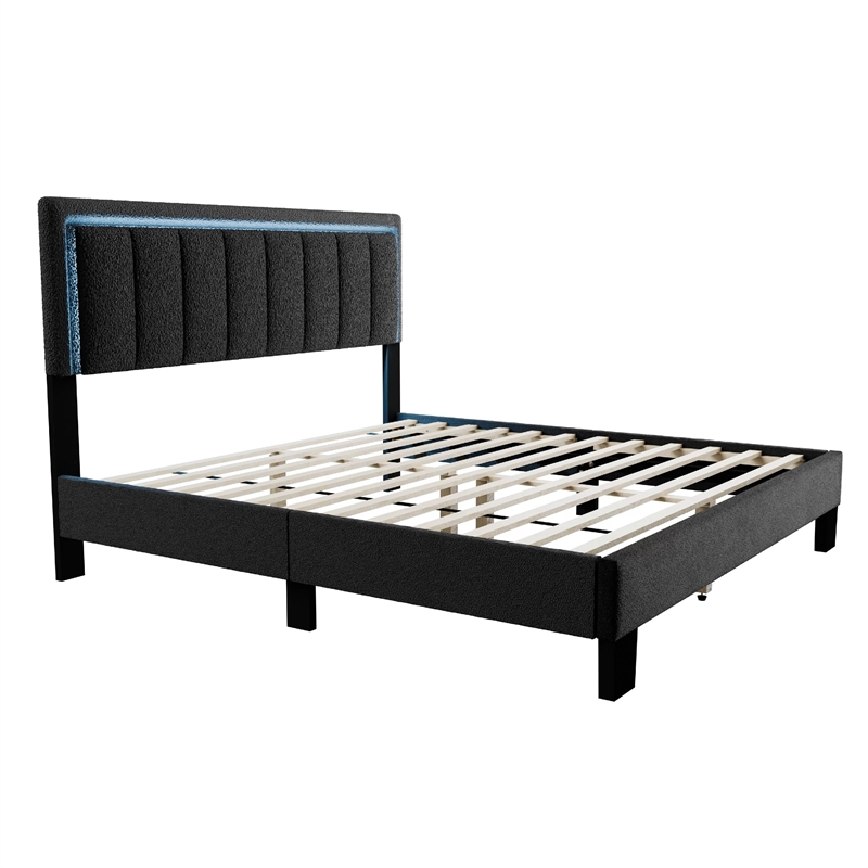 Pemberly Row Full Platform Bed with LED Headboard in Charcoal Gray
