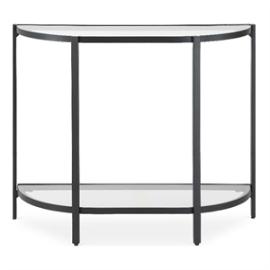 Pemberly Row 36-Inch Demilune Glass Console Table with Shelf in Black Iron