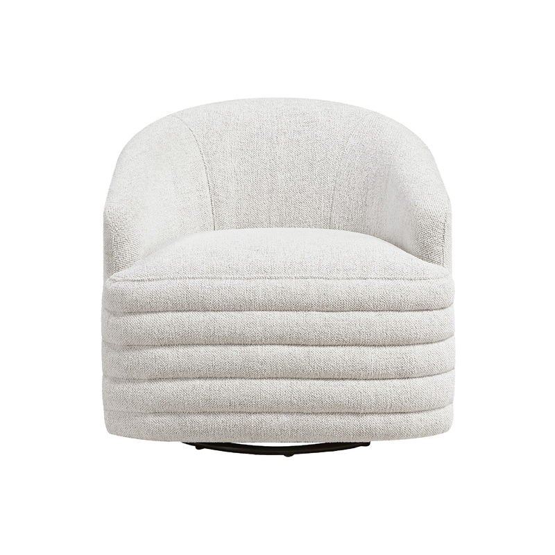 Pemberly Row Barrel Swivel Accent Armchair in Beige Chenille