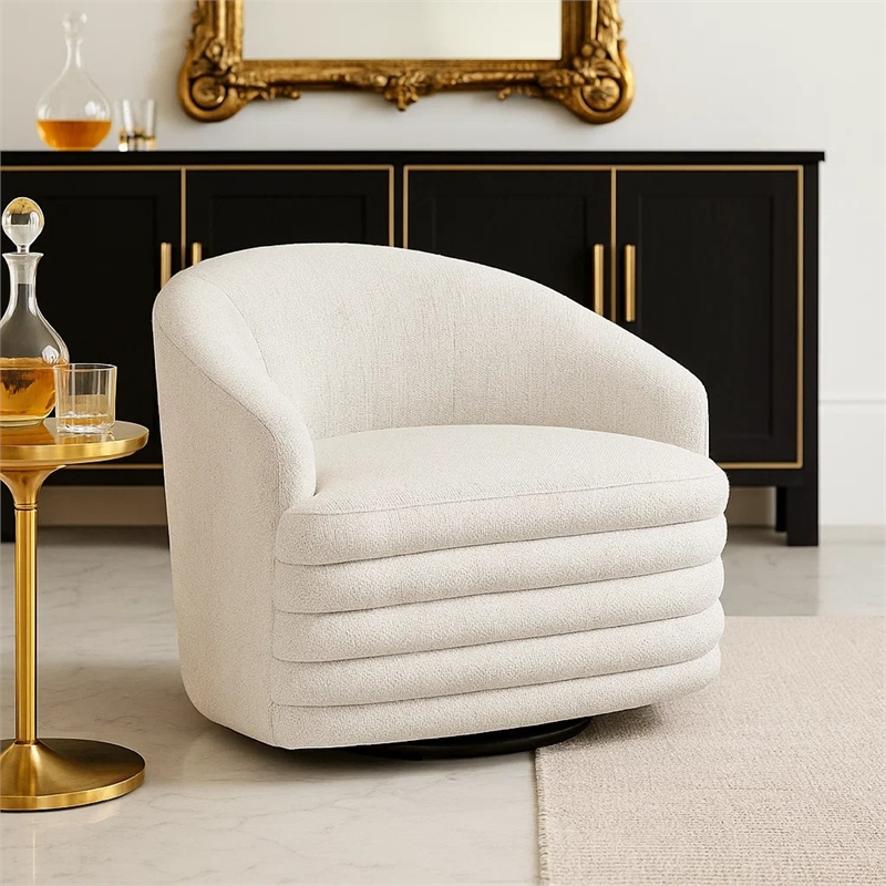 Pemberly Row Barrel Swivel Accent Armchair in Beige Chenille
