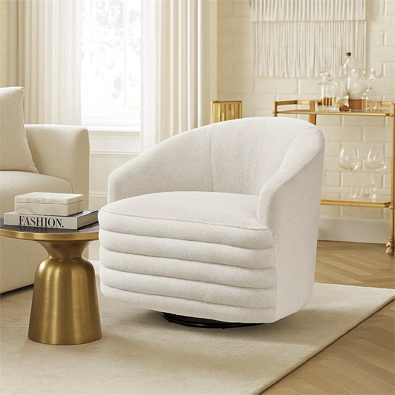 Pemberly Row Barrel Swivel Accent Armchair in Beige Chenille