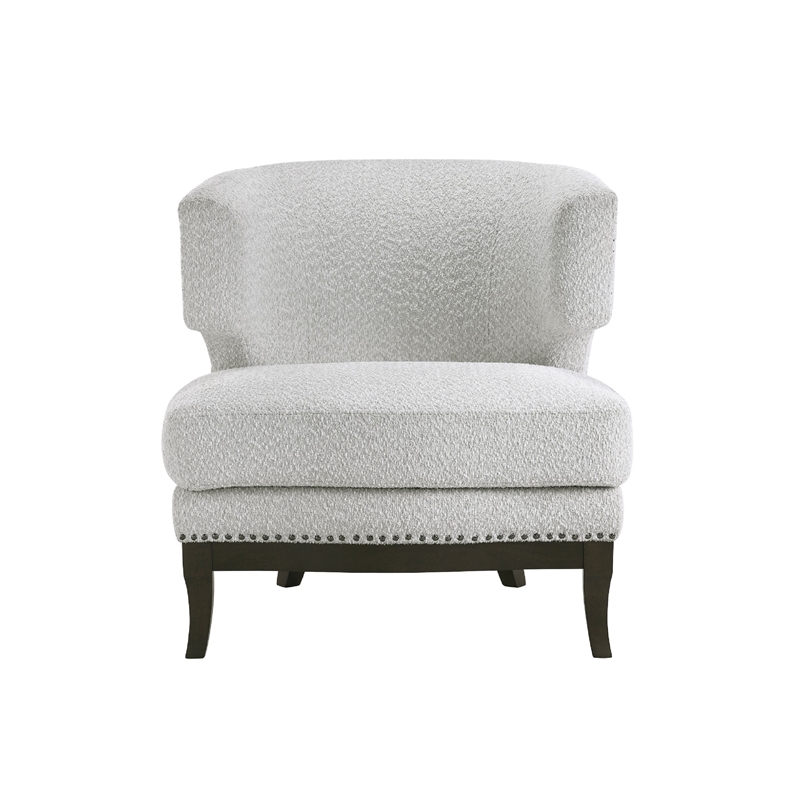 Pemberly Row Barrel Back Accent Chair in Gray Boucle with Nailhead Trim