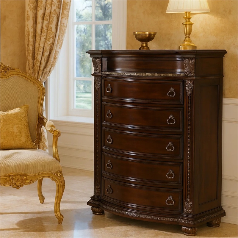 Pemberly Row 5-Drawer Wooden Chest with Engraved Details & Marble Top