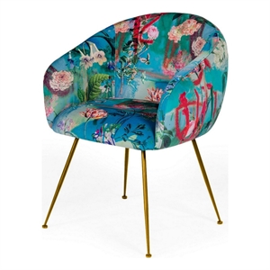 Pemberly Row 25&quot Dining Chair with Floral Design and Gold Legs in Blue Velvet