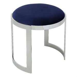 Pemberly Row 19&quot Accent Stool Ottoman w/ Round Seat in Soft Blue Velvet & Silver