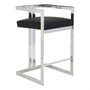 Pemberly Row 30&quot Barstool Chair in Black Faux Leather w/ Silver Stainless Steel