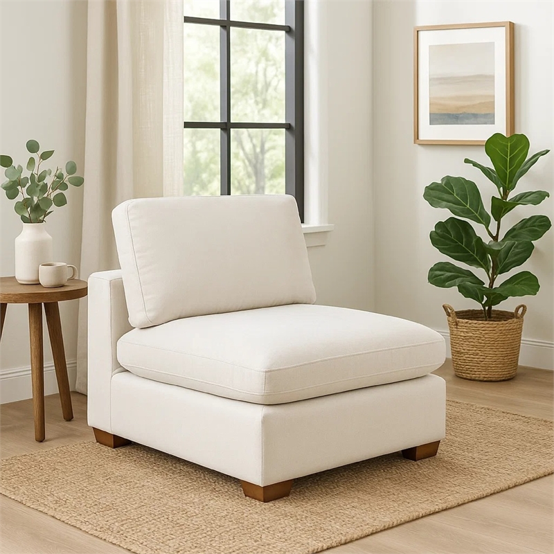 Pemberly Row Modular Armless Sofa Chair with Brown Tapered Legs in Ivory White