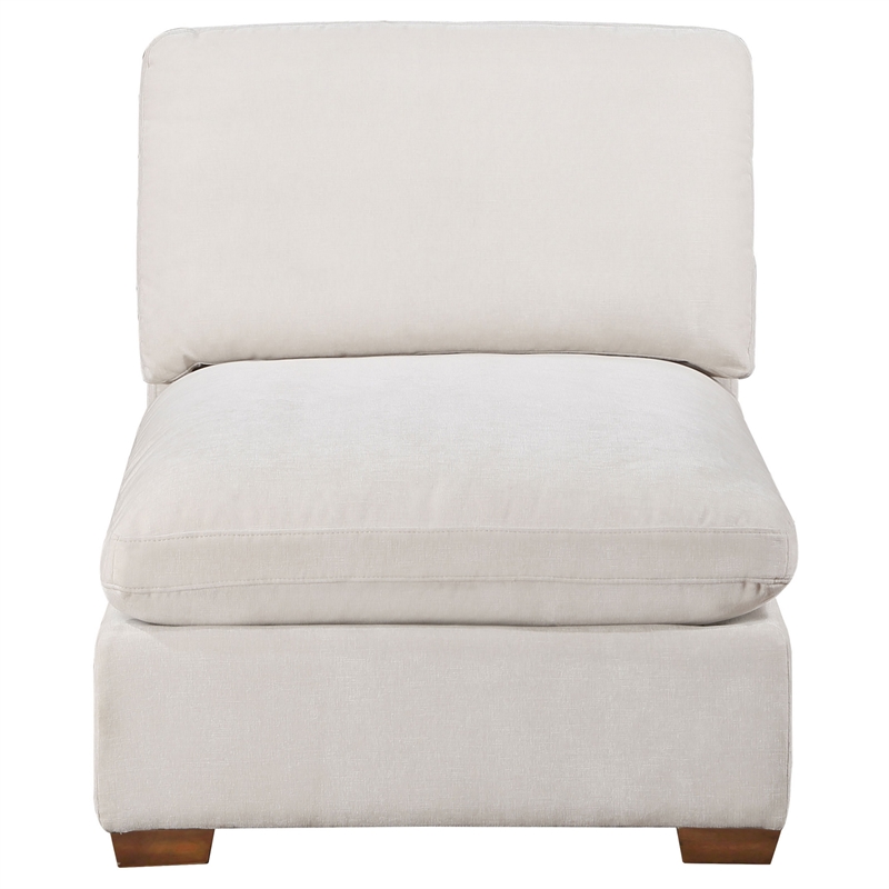 Pemberly Row Modular Armless Sofa Chair with Brown Tapered Legs in Ivory White