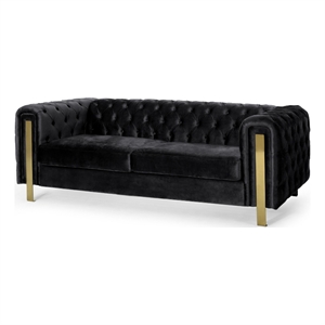 Pemberly Row 84&quot Chesterfield Tufted Sofa in Black Velvet with Gold Iron Legs