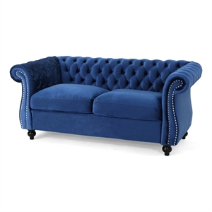 Pemberly Row 62&quot Chesterfield Loveseat Sofa with Nailhead Trim in Blue Velvet