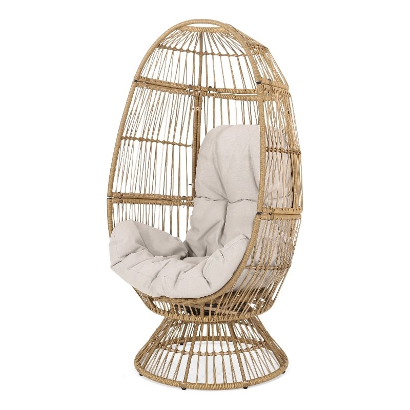 Pemberly Row Egg Shaped Outdoor Swivel Accent Chair with Cushion and Iron Frame