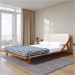 Pemberly Row Queen Platform Bed in Beige Upholstered Headboard & Acacia Wood