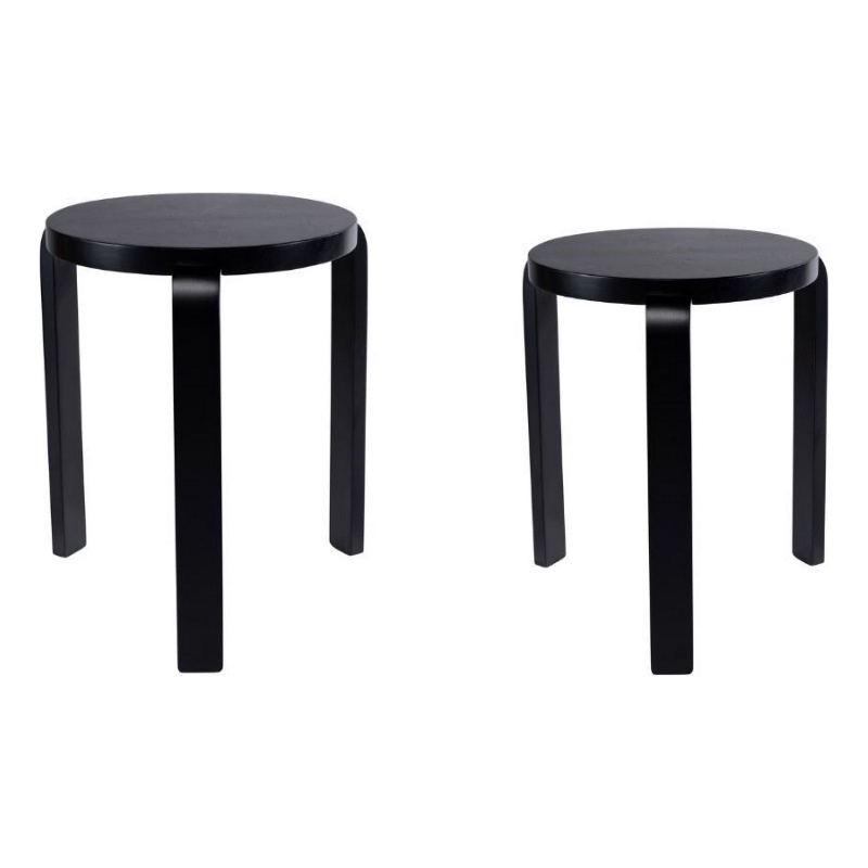 Pemberly Row Stacking Stool Ottoman Set of 2 in Black Rubberwood with Round Tops