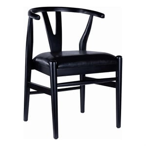 Pemberly Row Wishbone Dining Chair 2Pc w/ Faux Leather Seat in Black Rubberwood