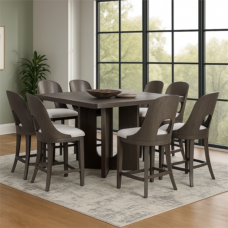 Pemberly Row 9Pc Counter Height Dining Table Set in Ash Gray Wood w/ White Seats