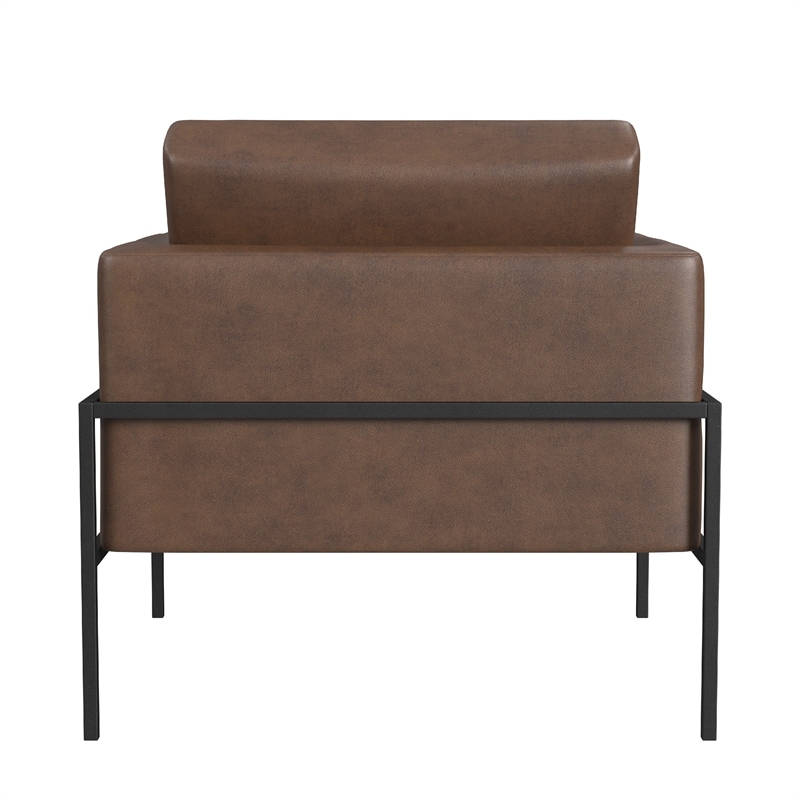 Pemberly Row Accent Armchair in Brown Faux Leather with Matte Black Metal Legs