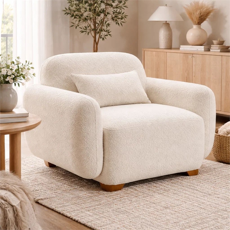 Pemberly Row Sofa Chair with Accent Pillow and Box Style Seat in Beige Boucle