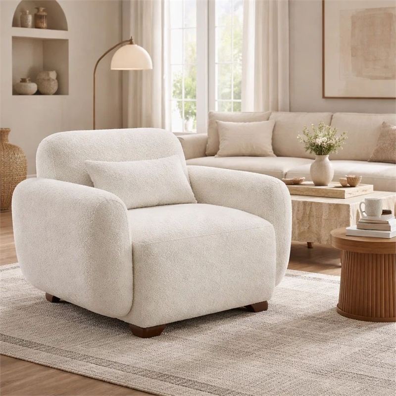 Pemberly Row Sofa Chair with Accent Pillow and Box Style Seat in Beige Boucle