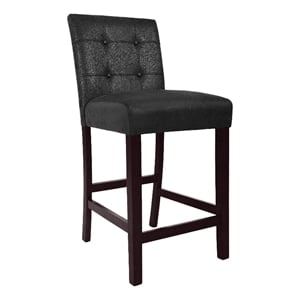 Pemberly Row Counter Stool Chair Set of 2 in Black Faux Leather with Tufted Back