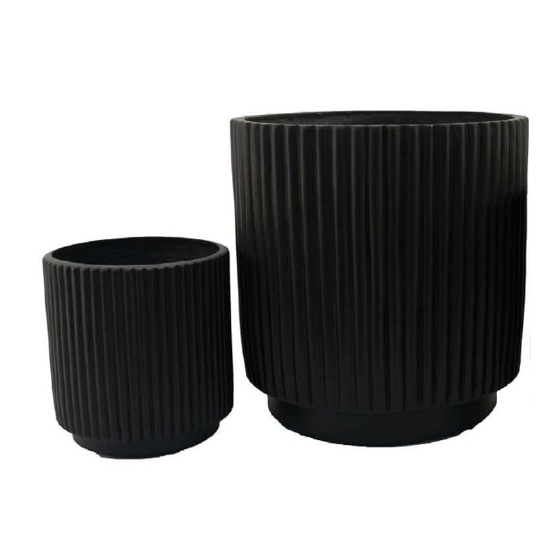 Pemberly Row Round Planter Set of 3 in Ribbed Texture Black Resin - 16/12/9 Inch