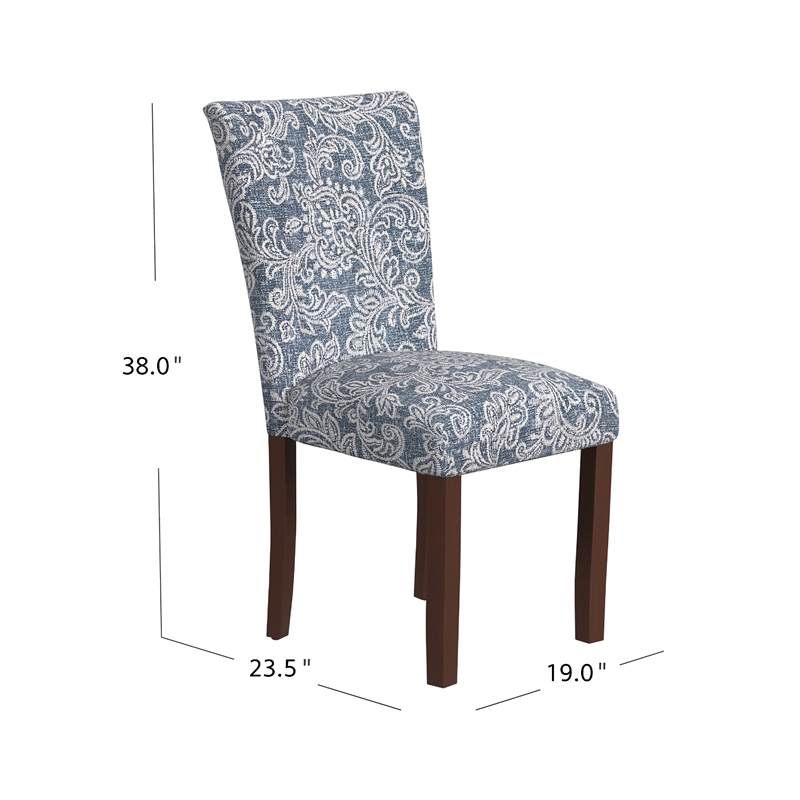 Pemberly Row Parsons Dining Chair 2Pc in Blue Jacobean Print Polyester Fabric