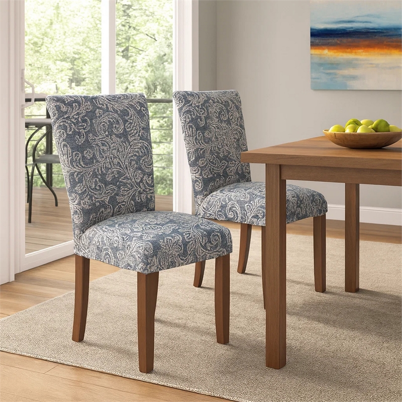 Pemberly Row Parsons Dining Chair 2Pc in Blue Jacobean Print Polyester Fabric